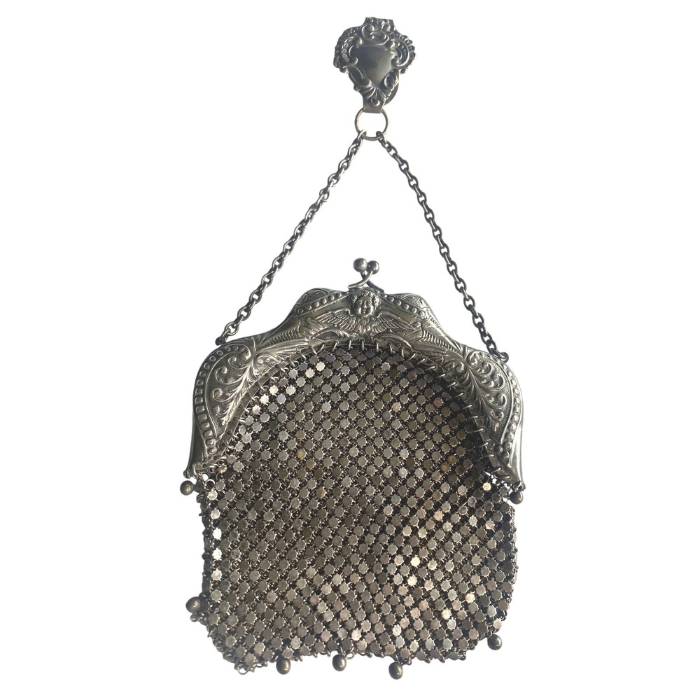 Antique Victorian Art Nouveau Ornate 1910s Silver Mesh Chatelaine Purse Hand Bag